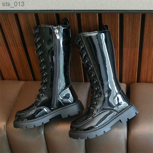 Kinder Mid-kalb Stiefel Herbst 2023 Neue Baby Mädchen Glänzend Koreanischen Stil Schwarz Schmale Band Ritter Stiefel Drop Verschiffen kind Mode L230518