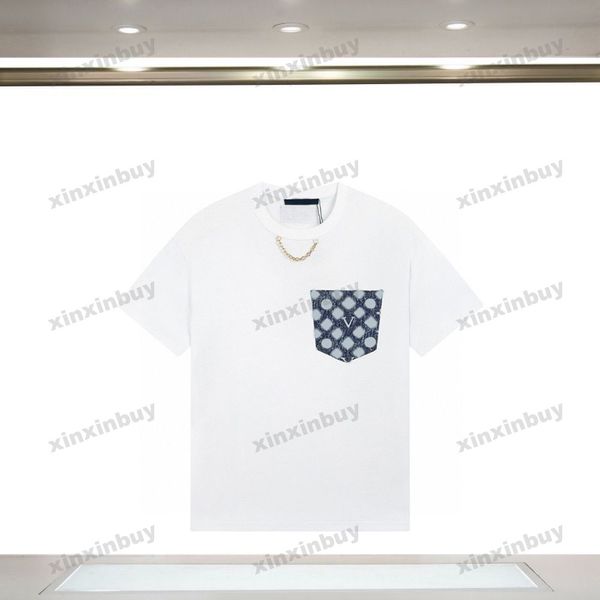 xinxinbuy T-shirt da uomo firmata 23ss Paris Tasche in denim a maniche corte in cotone da donna bianco nero blu XS-2XL