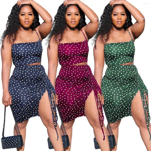 Рабочие платья Dot Printed Women's Set Set Spaghetti Bess Top Top Top и рюменный боковой сплит Bodycon Midi Юбка 2023 Два 2 наряда