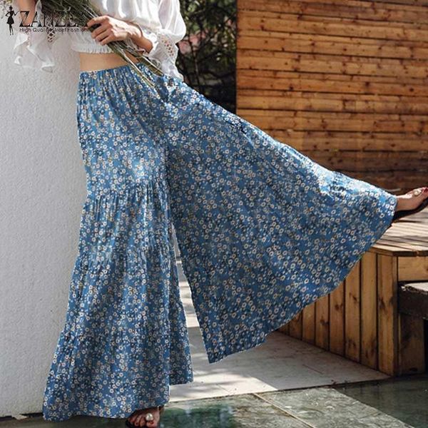 Capris feminino boêmio calças de perna larga zanzea verão floral impresso calças palazzo casual cintura elástica longo alargamento pantalon