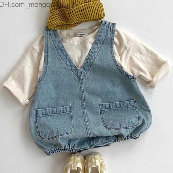 Pagliaccetti Nuovo scollo a V baby Denim Indumento attillato Simpatici set a doppia tasca adatti per ragazzi ragazze tute senza maniche vestiti per bambini alla moda Z230710