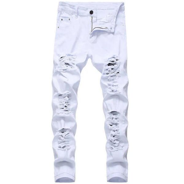 Jeans rasgados masculinos, branco, vermelho, preto, elástico, justo, primavera, outono, calças jeans desgastadas, hip hop, streetwear, calças jeans biker x062