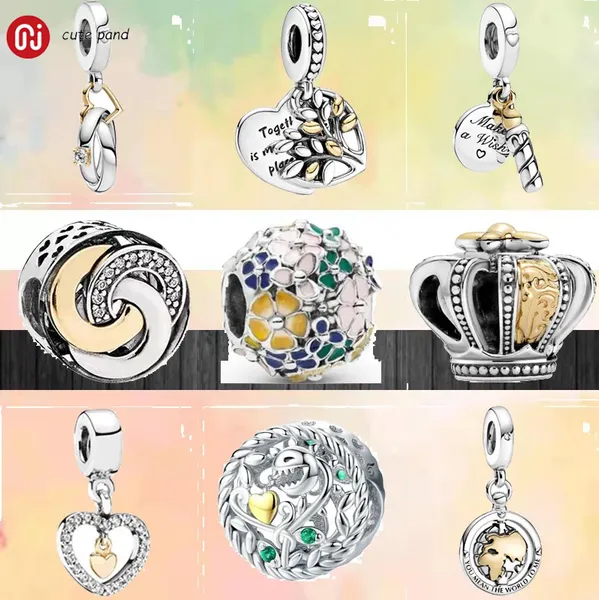 Charms in argento 925 con perline adatte al braccialetto Pandora New Golden Candele di compleanno Corone Fiori Castelli Classico