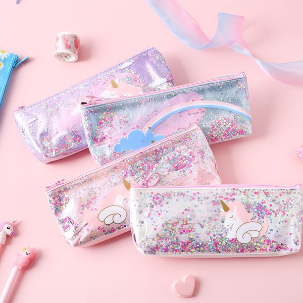 Сумки для карандаша Kawaii Unicorn Flower Sequin Большой ручкой Creative Pvc Box Mite Bag для детей подарочные школьные принадлежности Pencilpouch 230707