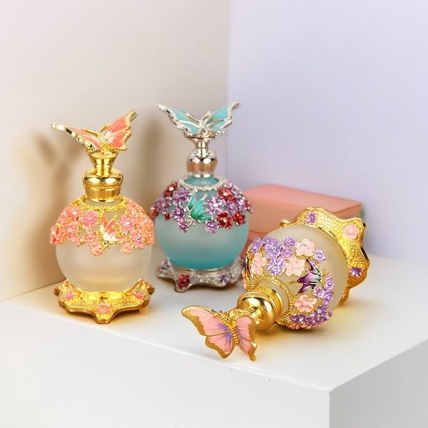 Frascos de perfume vintage árabes 25ml vazios vidro fosco e garrafa de metal de liga de borboleta com conta-gotas antigo presente feminino