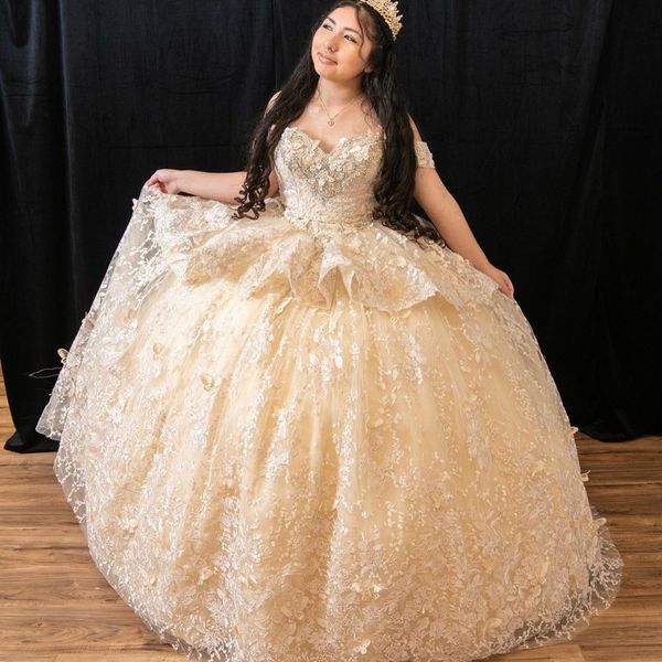 Champagne Abiti Quinceanera 2024 Principessa Dolce 15 Anni Ragazza Abiti da festa di compleanno con applicazioni Arco abiti da quinceanera