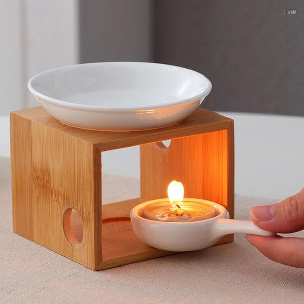 Portacandele Bruciatore di olio essenziale Porta tealight profumato in ceramica bianca Diffusore di aromi in legno Perfetto custode per interni