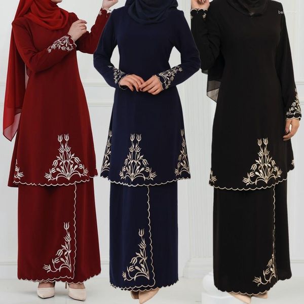 Abbigliamento etnico Marocco Abiti ricamati Ramadan Eid Donne Musulmane Top Gonne Set da 2 pezzi Abaya Dubai Turchia Abiti femminili Islam Kaftan