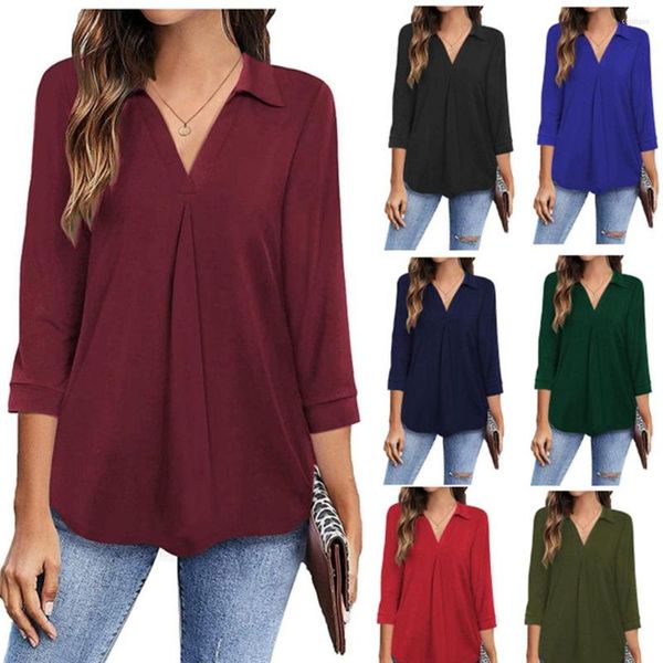 Frauen Blusen Sommer V-ausschnitt Drei Viertel Ärmel Solide Lose Bluse Tops Casual Weibliche Beachwear Shirts FYYSJ-2023505