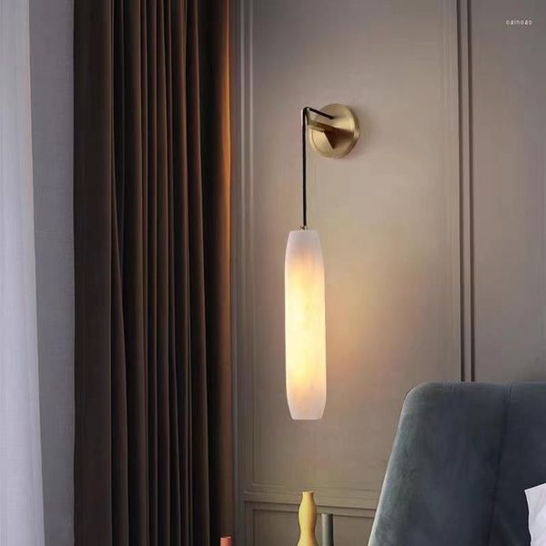 Lâmpada de parede cilíndrica em mármore natural luzes sala de estar quarto corredor escadas arandela fio de cobre ajustável incluindo lâmpada E14
