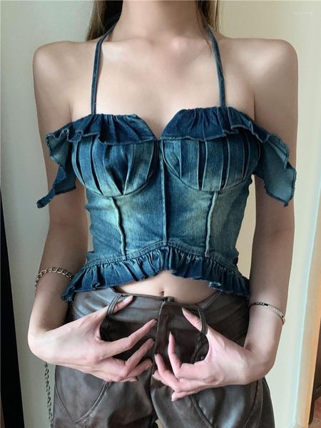 Canotte da donna Vintage Ruffles Denim Stretch Halter Top Donna con spalle scoperte 2023SS Moda Jeans corti Canotte Ragazze Sexy Camis irregolari