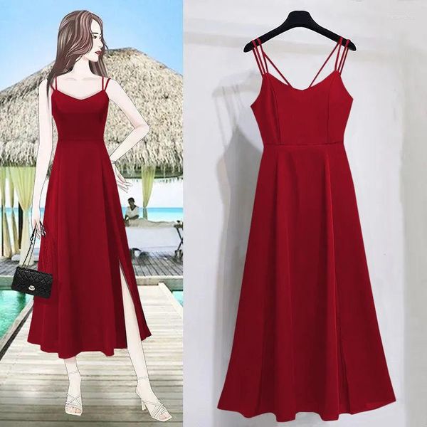 Vestidos casuais plus size feminino saia de verão feminino comprimento médio suspensório moda coreana vestido longo simples cor sólida roupas femininas