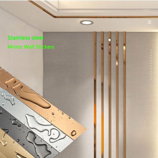 Painel de Parede 3D 1 Rolo Adesivo Dourado Aço Inoxidável Plana Linhas Decorativas Borda do Teto Espelho Decoração da Sala de Estar 230707