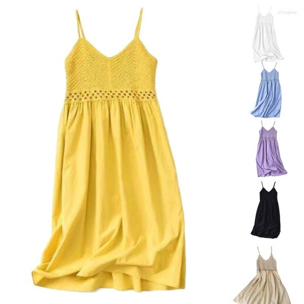 Lässige Kleider, einfarbig, aushöhlen, Häkelstrick, Nähte, Spaghettiträger, Midi-Cami-Kleid, Damen, Strandurlaub, A-Linie, Swing-Sommerkleid