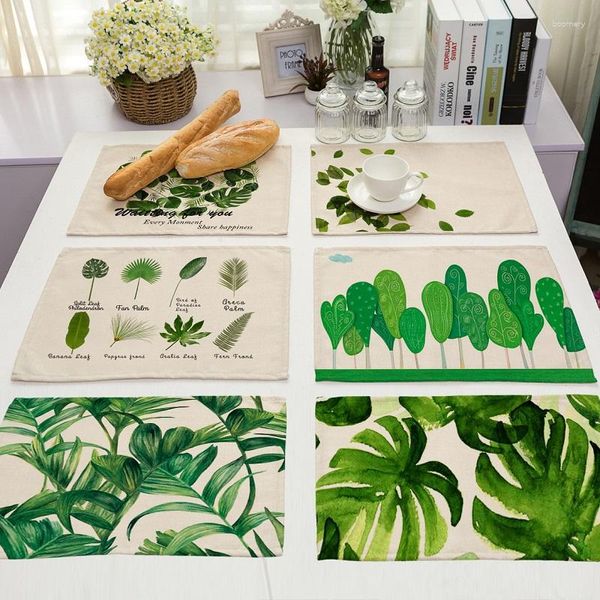 Guardanapo de mesa moderno conjunto de plantas verdes vida 4 peças tapetes de cozinha de linho de algodão padrão decorativo jogos americanos