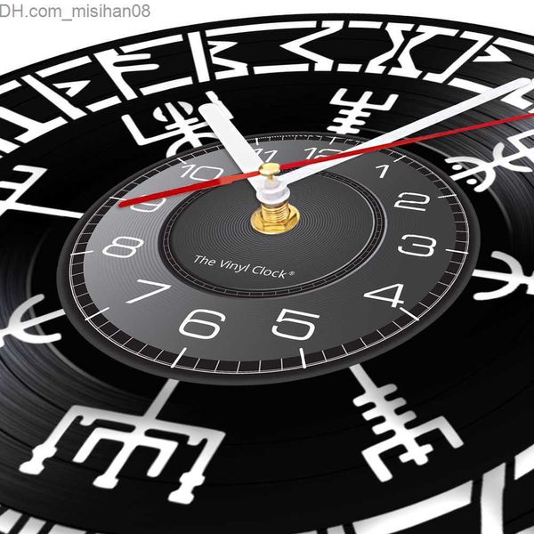 Relógios de parede Mitologia nórdica Símbolo de runa Vegvisir Registro de vinil Relógio de parede Quarto Viking Decoração para casa Relógio Presente para amante de arte nórdica Z230710