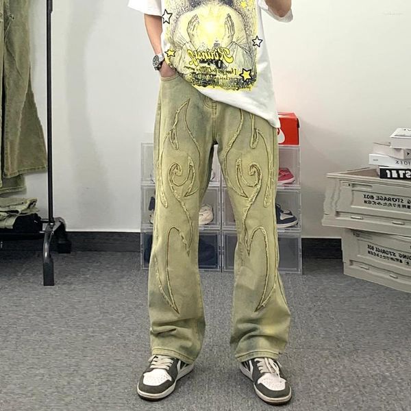 Erkek kot pantolon, erkek moda alev nakış kesimi kot pantolonları büllü hip hop sıkıntılı pantolon