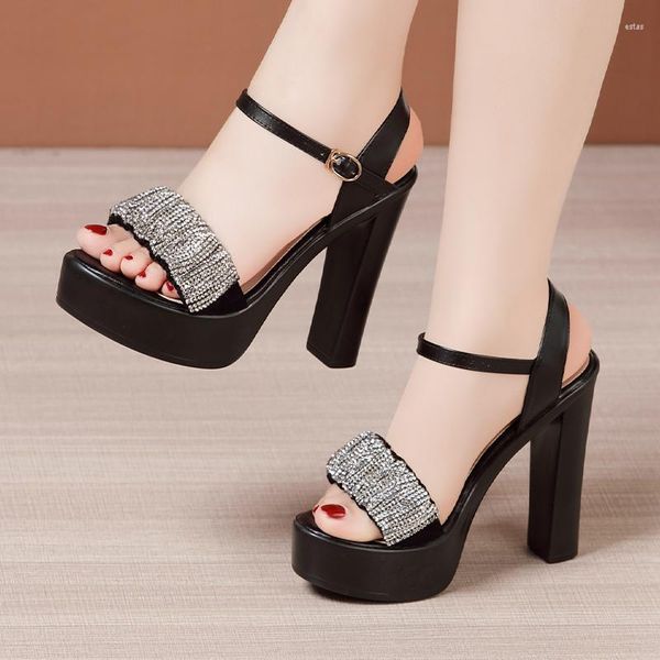 Sandalen 8 10 13 cm Kleine Größe 32-43 Elegante schwarze Strass Block High Heels Sommer 2023 Damen Plateauschuhe für Büromodell