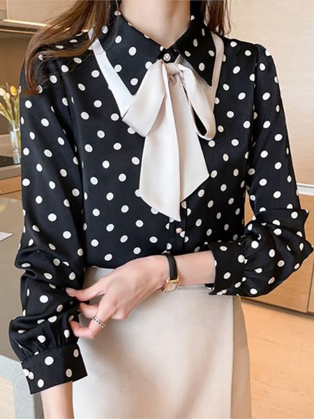 Frauen Blusen Frauen Schwarz Polka Dot Bluse Vintage Langarm Bogen Taste Chiffon Hemd Tops Mode Sommer Femme Kleidung