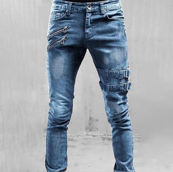 Calça jeans masculina slim casual fit rasgada reta cintura média