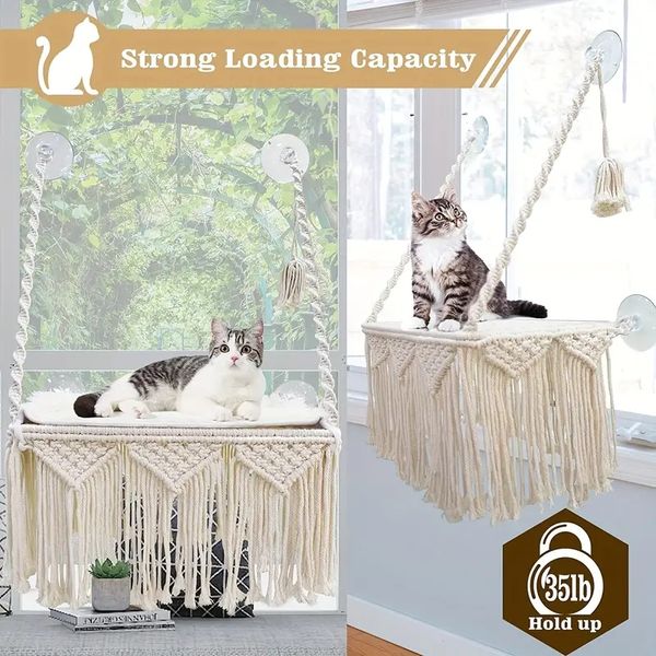 Rede de janela para gato boêmio com renda, assento de descanso para animal de estimação montado na parede para gatos em ambientes fechados