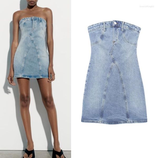 Vestidos Casuais Verão Sem Manga Uma Palavra Tubo Top Bolsa Sexy Saia Quadril Seção Curta Vestido Denim Magro