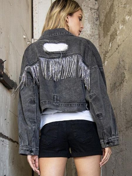 Giacche da donna Giacca di jeans con nappa Donna Primavera Autunno Manica lunga Cappotto di jeans Moda vintage femminile Scava fuori Crop Strass Streetwear