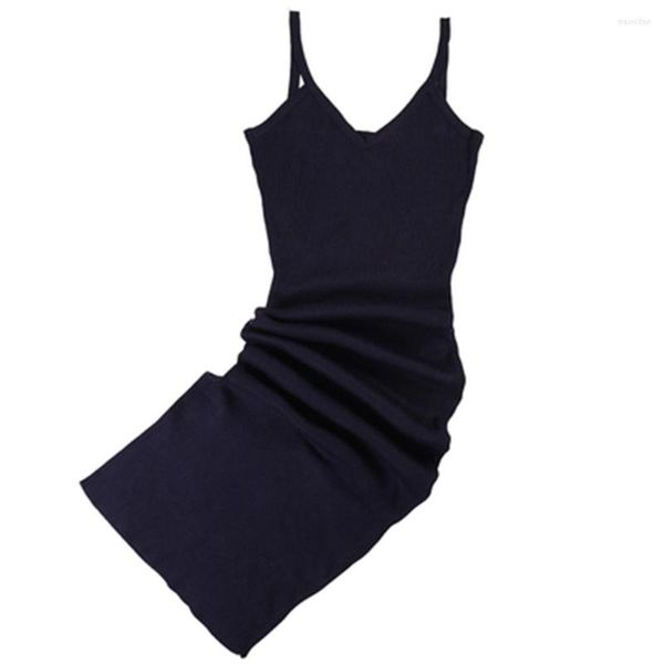 Casual Kleider 2023 Koreanische Frauen Sexy Etuikleid Sommer Gestrickte Spaghetti Strap V-ausschnitt Party Mid-Kalb Ärmellose Vestidos Nette kleidung