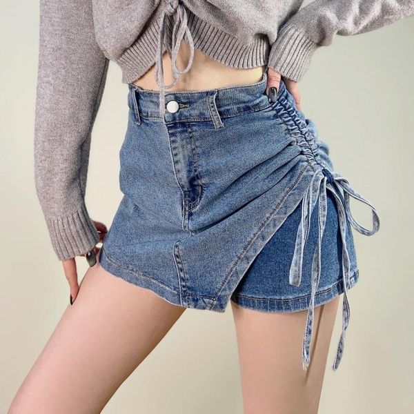 Женские шорты джинсовая юбка 2023 Летняя одежда шнурки с узкой высокой высокой талией универсальный возраст уменьшает модную случайную короткую короткую