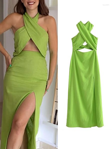 Abiti casual Abito spaccato in lino con scollo all'americana verde Abito da donna senza maniche con scollo a barchetta Slim Backless Fashion Hollow 2023 Summer Bodycon Corset Robe