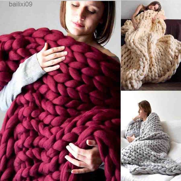 Coperte WOSTAR Moda grossa coperta di lana merino spessa grande filato roving coperta a maglia inverno caldo tiro coperte divano letto coperta T230710