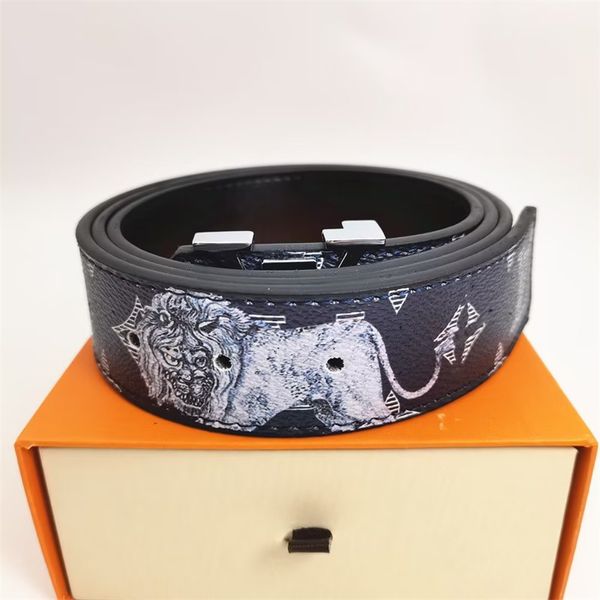 Herren-Designergürtel, Damenmode, Luxusgürtel, schwarzer Löwe, weißes Nashorn, Leder, L-Schriftzug, mit Original-Geschenkbox, Größe 95–125 cm