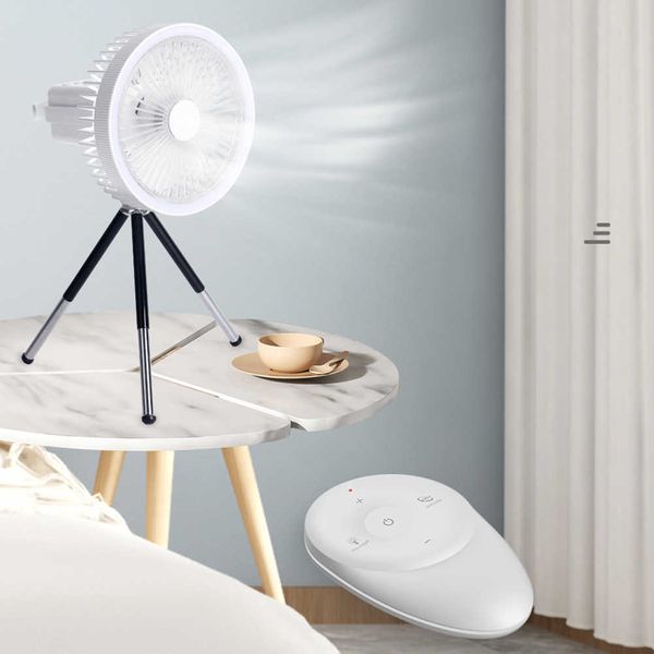 Ventilatori elettrici Ventilatore da campeggio portatile USB ricaricabile 4000mAh Ventilatore per lampadario con gancio Ventilatore da tavolo Luce notturna 10M Telecomando Uso esterno domestico