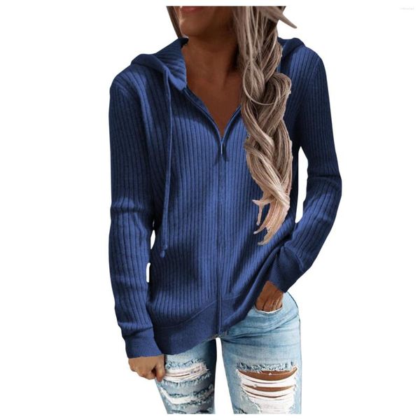 Camicette da donna Cappotto con cappuccio Giacca a maniche lunghe Coulisse Tinta unita Cappotti caldi Cerniera Cardigan Maglione Camicia Maglieria sottile