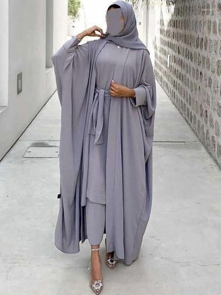 Ethnische Kleidung Muslimische Frau setzt islamisches Kleid 2-teiliges einfarbiges Fledermaus-Abaya mit abgestufter Robe Dubai Türkische bescheidene Outfits Ramadan Eid