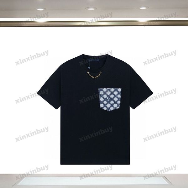 xinxinbuy T-shirt da uomo firmata 23ss Paris Tasche in denim a maniche corte in cotone da donna bianco nero blu XS-L