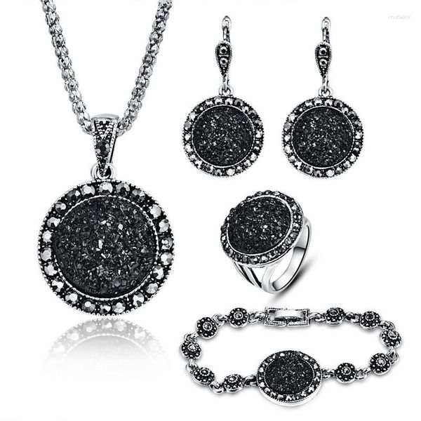 Halskette Ohrringe Set MINHIN Großhandel Retro Für Frauen Antike Schwarz Kristall Runde Stein Anhänger Aussage Schmuck Sers