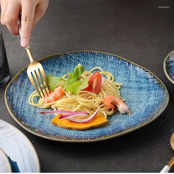 Teller Kreative japanische Art-Scheiben-Keramik-Western-flache Teller-Steak-Frühstücksofen-geänderte Retro-kalte Teller-Satz P