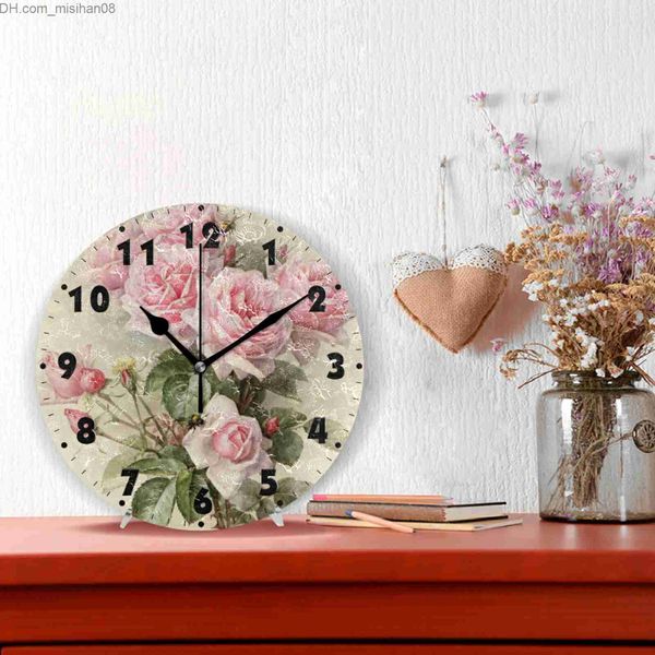 Wanduhren, Vintage-Stil, Sabi, einzigartige rosa Blume, runde Uhr, kein Ticken, geräuschlos, Batteriebetrieb, leise, Tischuhr, Kunst, Heimdekoration, Z230710