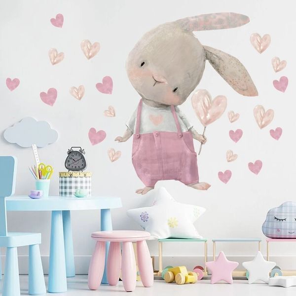 Painel de parede 3D fofo coelho corações adesivos para crianças quartos de meninas decoração de quarto de bebê berçário papel de parede de coelho de desenho animado kawaii 230707