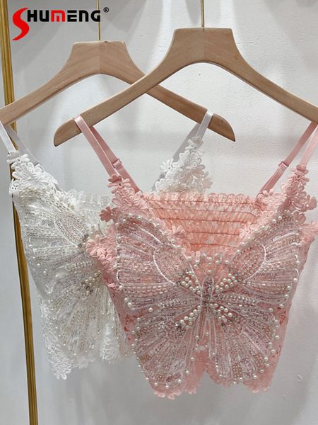 Женские танки Camis милый жемчужный кружевник Camisole Женщина 2023 Лето сладкое из бисера Корсетовое верхнее белье Красивое без спинка.