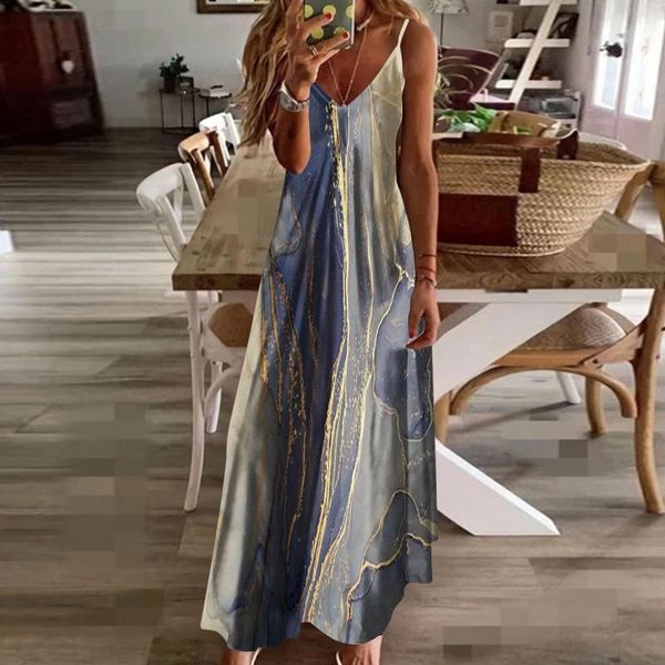 Vestidos casuais com alça fina para mulheres moda verão roupa de praia sem mangas maxi vestido deslizamento boho floral tie-dye robe