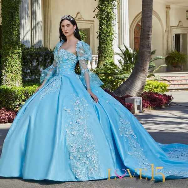 Himmelblaue Quinceanera-Kleider mit Perlenstickerei, 3D-Blumenmuster, schulterfrei, Puffärmel, Mädchen-Geburtstags-Prinzessin 15 16 Party-Abschlussballkleider