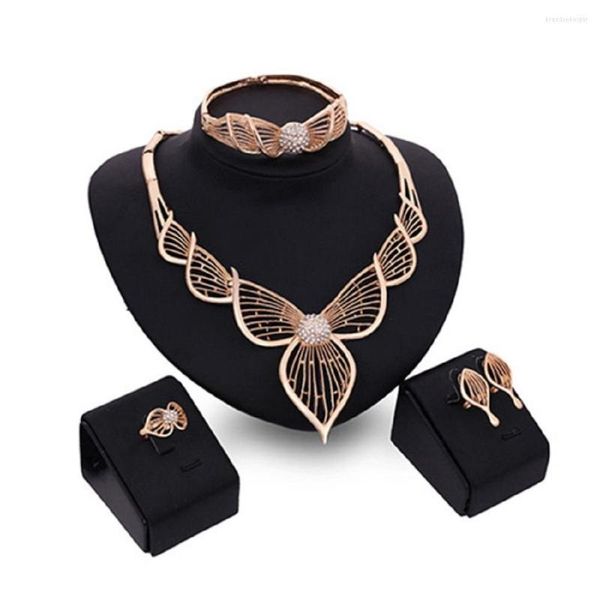 Colar Brincos Conjunto 4 Pçs Jóias Princesa KC Ouro Oco Borboleta Laço Bracelete Anel Brinco Casamento Bijuteria Feminina