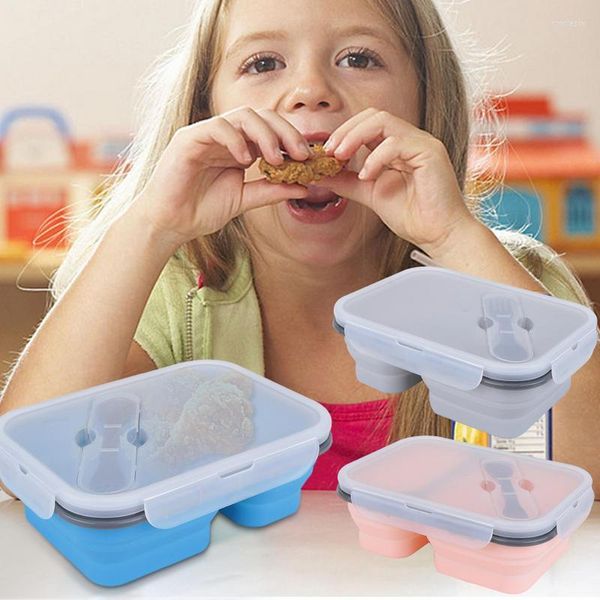 Conjuntos de louça Bento caixa dobrável multiuso silicone almoço duas grades recipiente para dobrar ferramenta de manutenção fresca