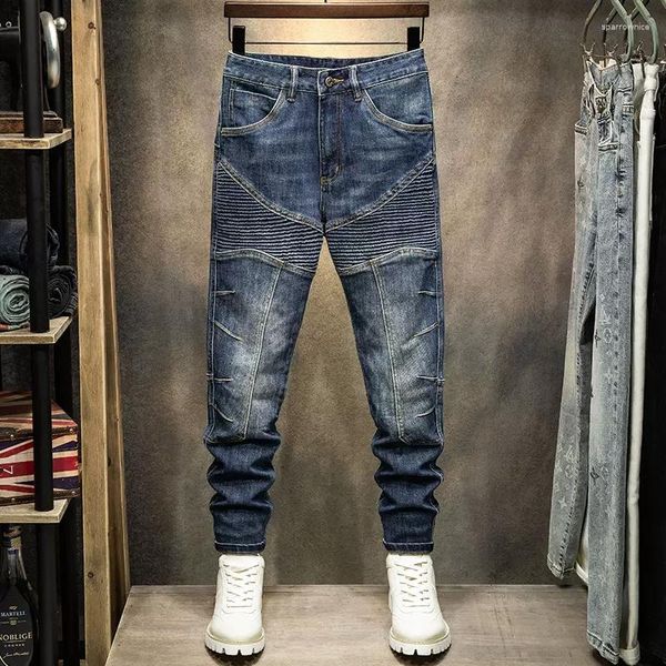 Jeans Masculino Moda de Rua Masculino Retro Azul Com Emendas Designer Calças Elásticas Skinny Biker Punk Remendadas Calças Hip Hop Denim