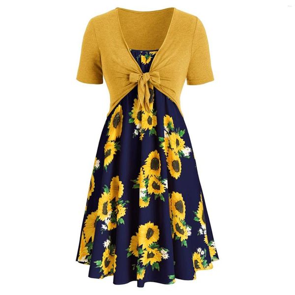 Casual Kleider Frauen Kurzarm Kleid Sonnenblumen Druck Bogen Knoten Bandage Top Mini Anzug Boho Strand Femme Robe Sukienka