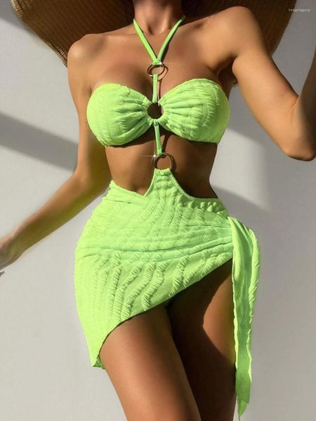 Roupa de banho feminina 2023 maiô halter unido por anel feminino uma peça com saia de praia roupa de praia feminina banhista banho natação maiô