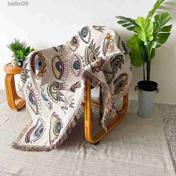 Coperte Boho Sofa Throw Blanket Copridivano in cotone lavorato a maglia Demon Eye Weighted Tapestry Bohemian Tassel Boho Wall Deco Picnic Rug Coperte T230710