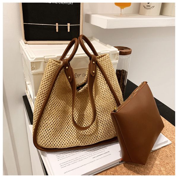 Borsa tote alla moda Borsa intrecciata in paglia portatile di grande capacità Borsa a colori a contrasto personalizzata Borsa per pendolari estiva Borsa a tracolla in PU